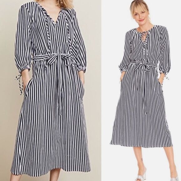M.D.S Stripes Black and White Striped Garden Midi Dress Large 3 - Picture 1 of 6